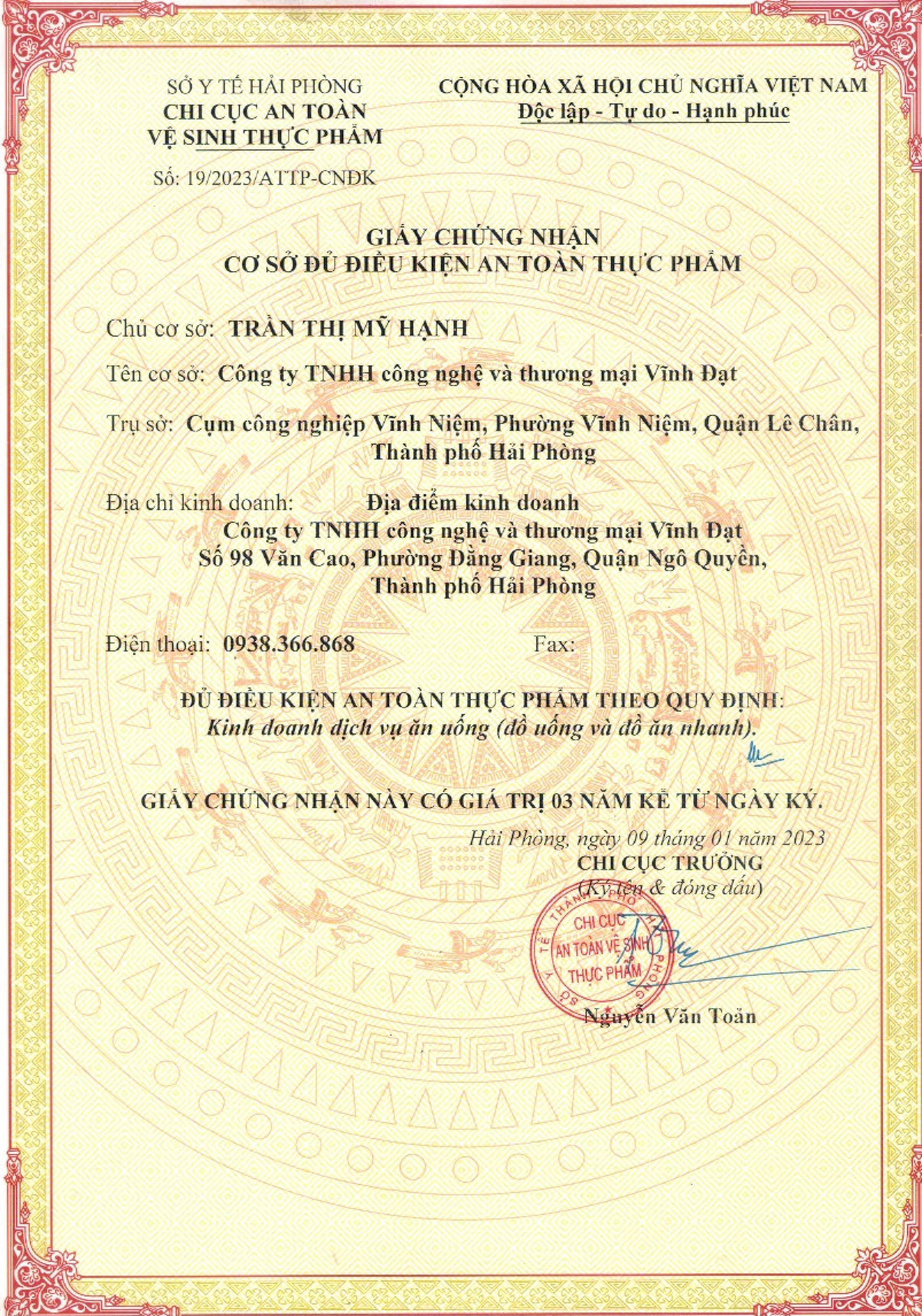 Giấy chứng nhận đủ điều kiện vệ sinh an toàn thực phẩm